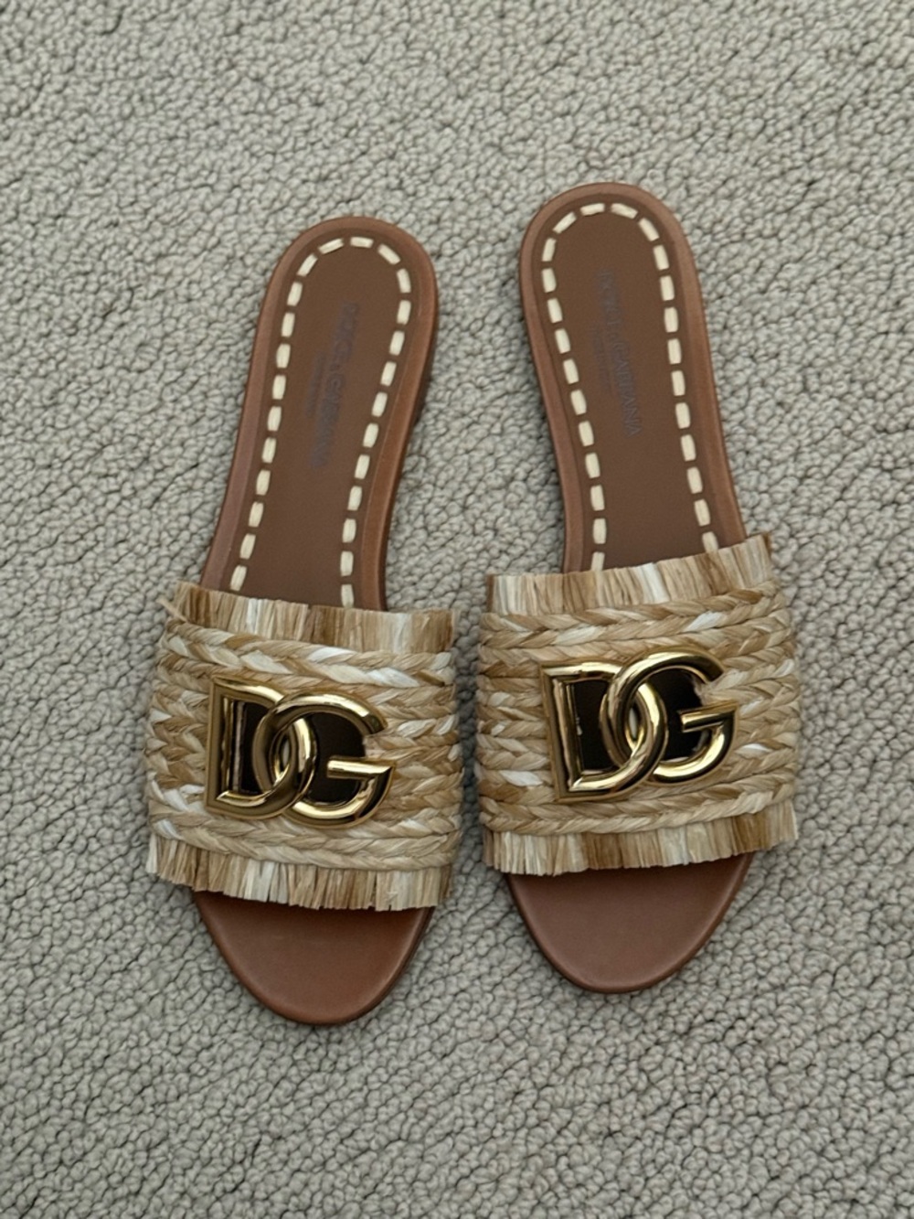 NEW Dolce & Gabbana Raffia Slide Sandals with Gold DG Emblem 38 - Picture 6 of 10